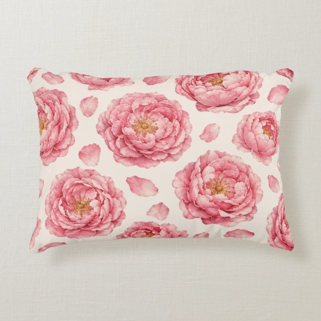 Rosa Peony Blommönster Prydnadskudde (Framsidan)