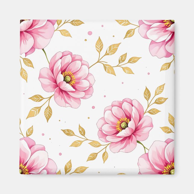 Rosa Peony Blommor Guldblad Mönster Magnet (Framsidan)