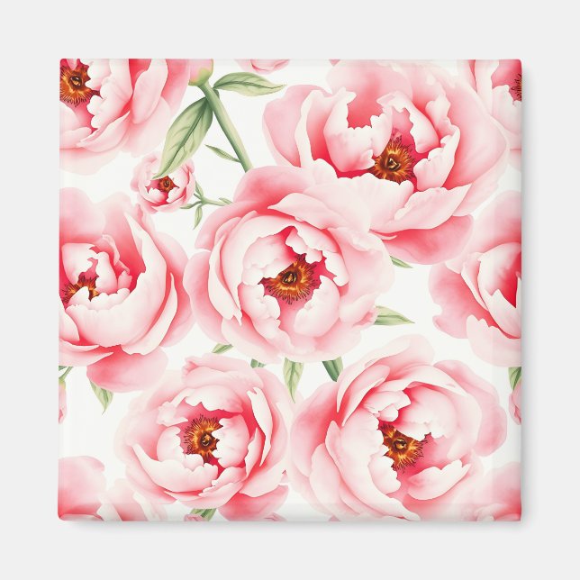 Rosa Peony Blommor Vattenfärg Mönster Magnet (Framsidan)