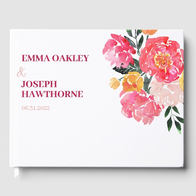 Rosa Peony Boquet Blommigt om grönt Bröllop Gästböcker (Framsida)