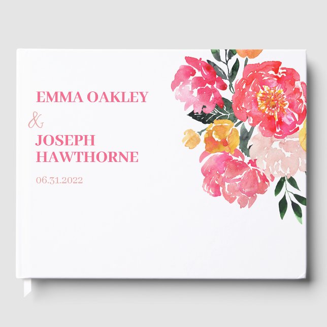 Rosa Peony Boquet Blommigt om grönt Bröllop Gästböcker (Framsida)