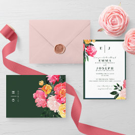 Rosa Peony Boquet Blommigt om grönt Bröllop Inbjudningar