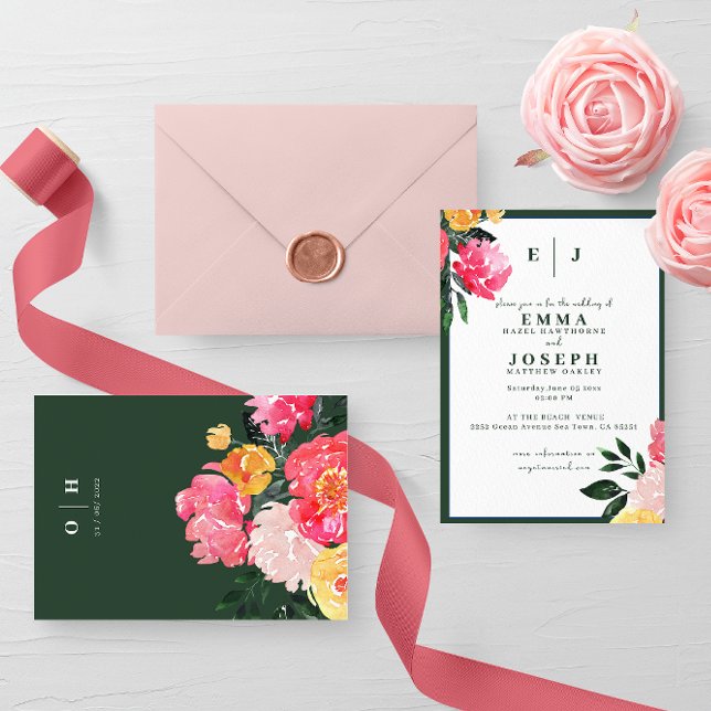 Rosa Peony Boquet Blommigt om grönt Bröllop Inbjudningar (Skapare uppladdad)