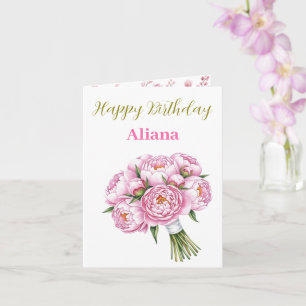 Rosa Peony Bouquet Custom name & Text Söt Girl Gir Kort