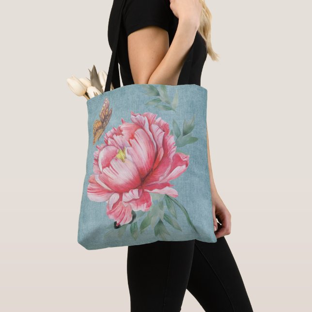 Rosa Peony & Butterfly Tote Bag Tygkasse (Närbild)