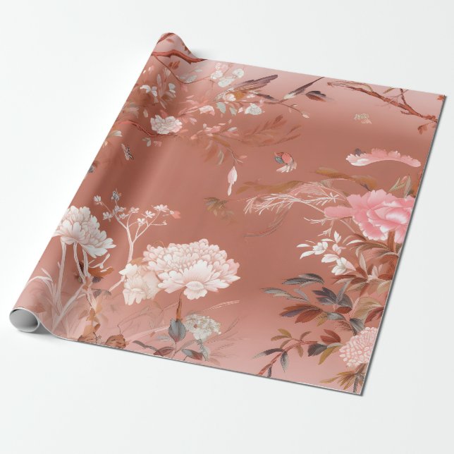 Rosa Peony Chinoiserie Wrapping Papper Presentpapper (Utrullad)