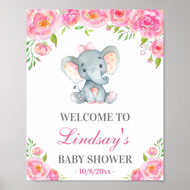 Rosa Peony Elephant Girl Baby Shower Välkomstskylt Poster (Framsidan)