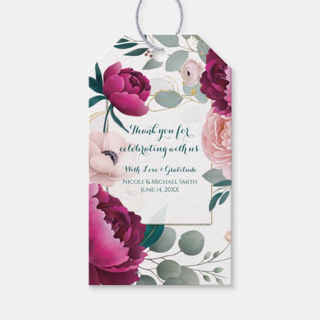 Rosa Peony Eucalyptus Trädgård Blommig Glam Bröllo Presentetikett (Framsidan)