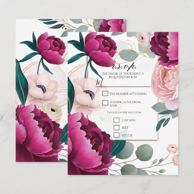 Rosa Peony Eucalyptus Trädgård Blommig Lyx Bröllop Inbjudningar (Fram/baksida)