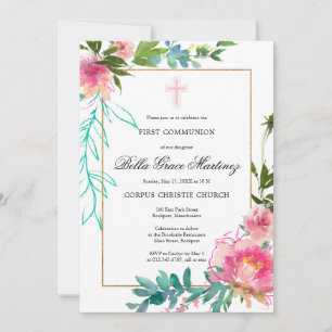 Rosa Peony First Communion-inbjudan Inbjudningar