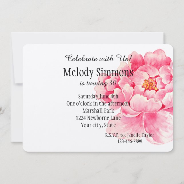 Rosa Peony Flower Birthday Inbjudningar (Baksida)