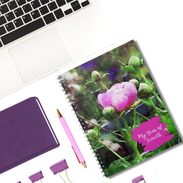 Rosa Peony Flower Gardener's Journal Anteckningsbok (Journal with beautiful pink peony on a soft green background and the words "My Year of Growth")