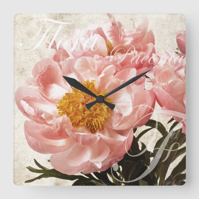 Rosa Peony Flower Marble Script Background Fyrkantig Klocka (Framsida)