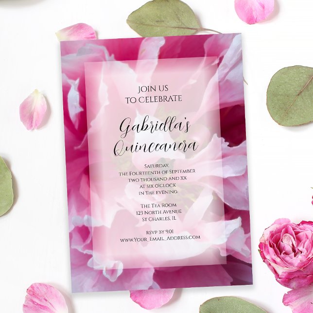 Rosa Peony Flower Quinceanera-inbjudan Inbjudningar (Skapare uppladdad)