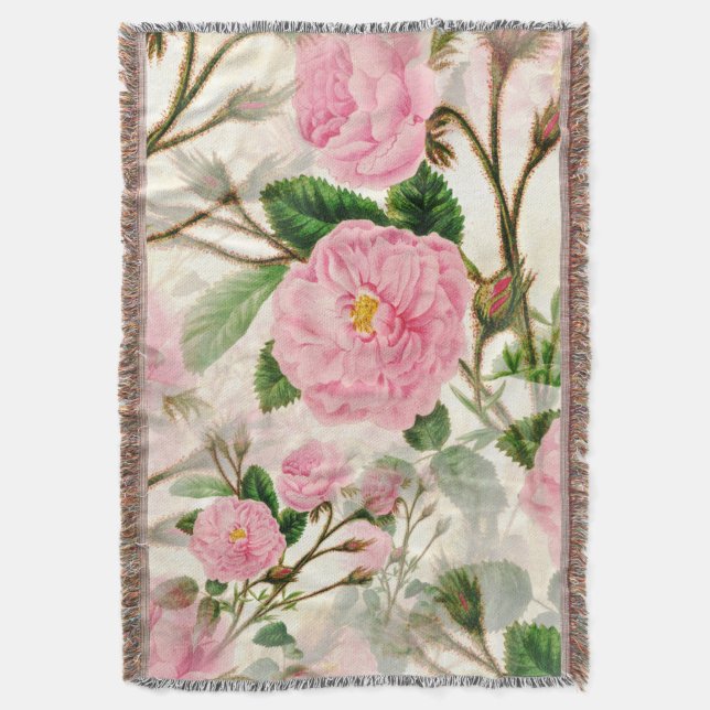 Rosa Peony Flowers, Löv & Buds Mönster Filt (Framsidan Vertikal)