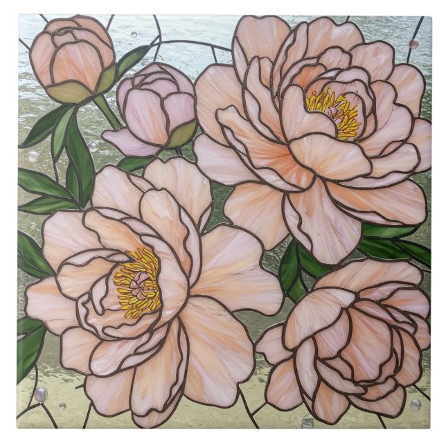 Rosa Peony Flowers uppnådde glaseffekt Kakelplatta (Framsidan)