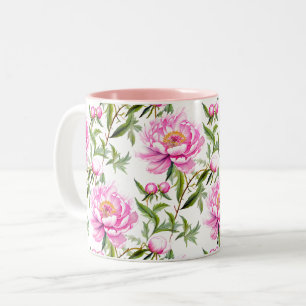 Rosa Peony Flowers with Sage Grönt Löv Två-Tonad Mugg