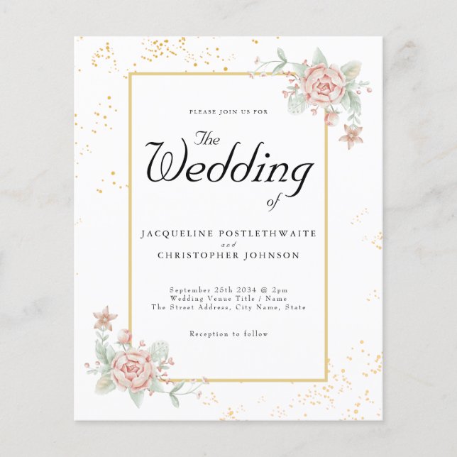 Rosa Peony Flyer - inbjudan till budgetbröllop (Framsidan)