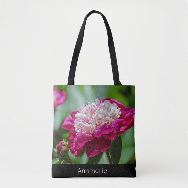 Rosa Peony Garden Flower w/Text Tygkasse (Framsida)