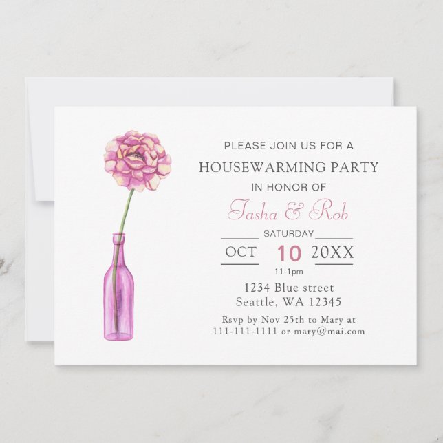 Rosa Peony Glass Flaska Vas Houseuppvärmning Inbjudningar (Framsida)