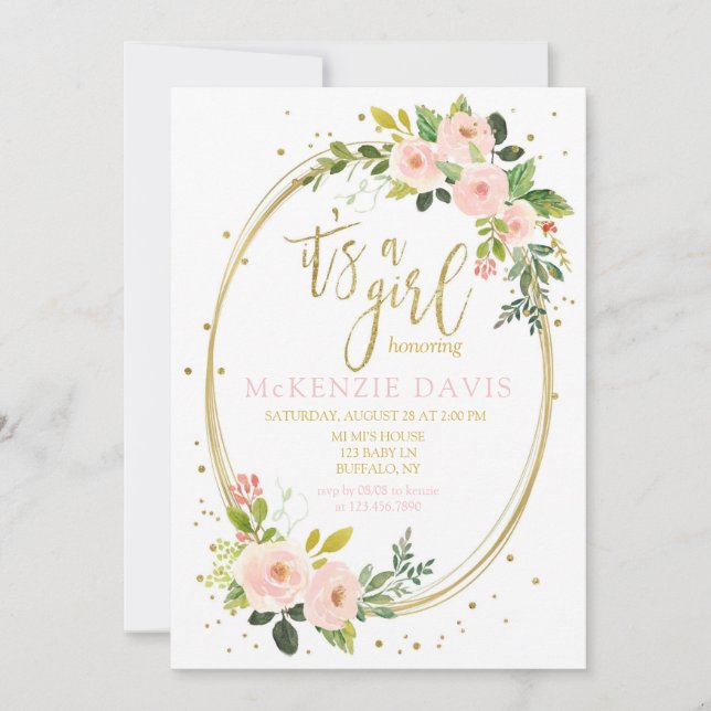 Rosa Peony Guld Geometric Glitter Girl Baby Shower Inbjudningar (Framsida)