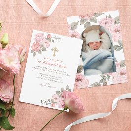 Rosa Peony Guld Kor Baby 1st Birthday Baptism Inbjudningar