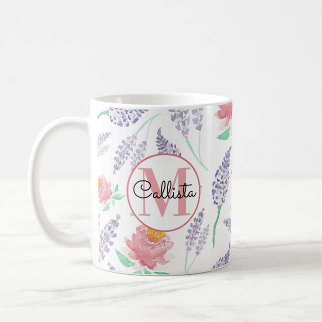 Rosa Peony Lavender Blommigt Watercolor Monogram Kaffemugg (Vänster)