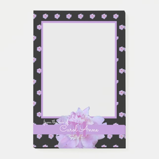 Rosa Peony Lila Monogram Blommigt Black Anteckning Post-it Block (Framsida)