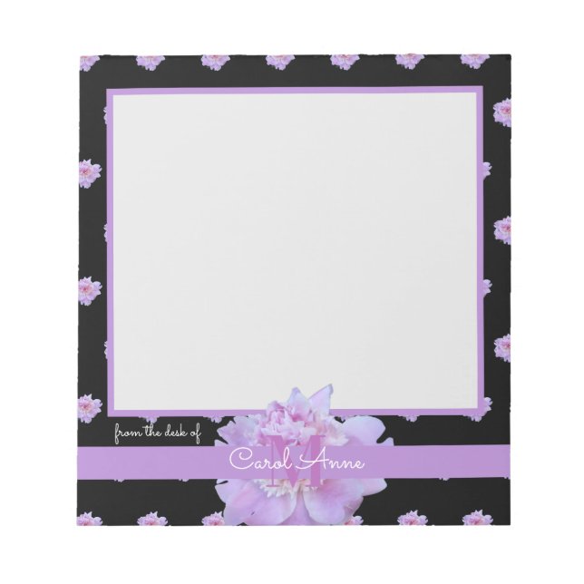 Rosa Peony Lila Monogram Blommigt Black Anteckningsblock (Framsida)