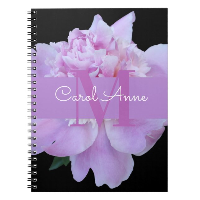 Rosa Peony Lila Monogram Blommigt Black Anteckningsbok (Framsidan)