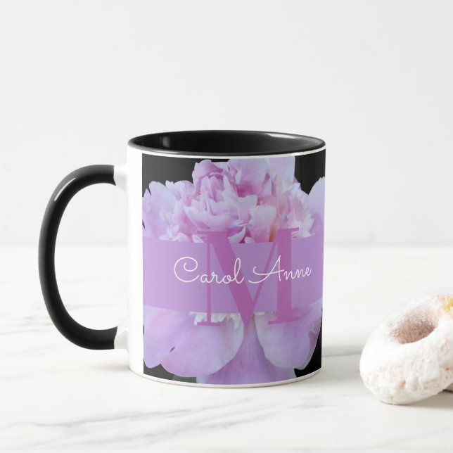 Rosa Peony Lila Monogram Blommigt Black Mugg (Med munk)