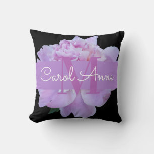 Rosa Peony Lila Monogram Blommigt Black Throw Pill Kudde