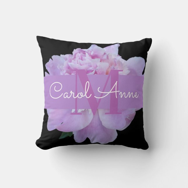Rosa Peony Lila Monogram Blommigt Black Throw Pill Kudde (Framsida)