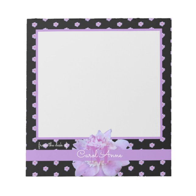 Rosa Peony Lila Monogram Blommigt Classic Black Anteckningsblock (Framsida)