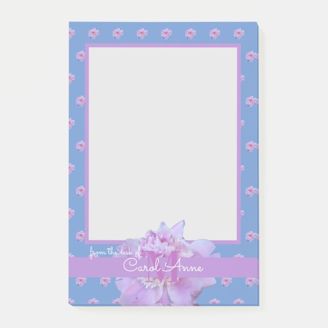 Rosa Peony Lila Monogram Blommigt Himlar Blue Post-it Block (Framsida)