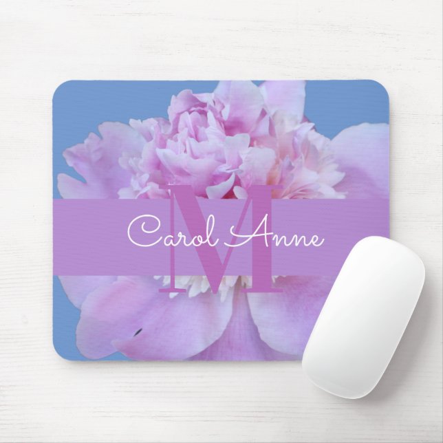Rosa Peony Lila Monogram Blommigt Mouse Pad Musmatta (Med mus)
