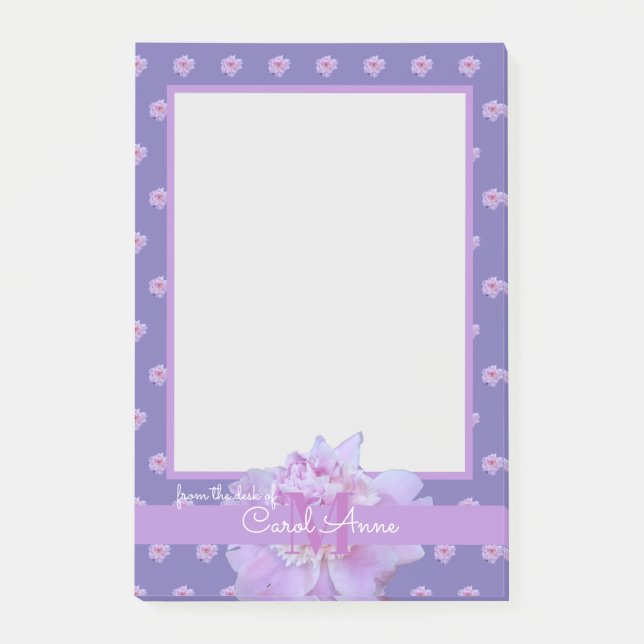 Rosa Peony Lila Monogram Blommigt Post-it Block (Framsida)