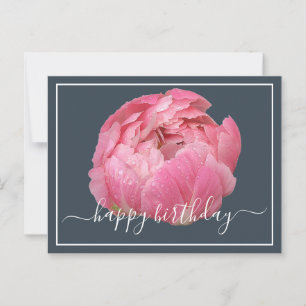 Rosa Peony Med Daggdroppar Grå Bakgrund Födelsedag Vykort