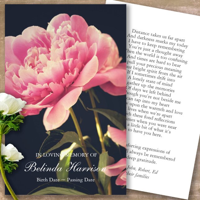 Rosa Peony Memorial Prayer Sympathy Cards Visitkort (Forever in our hearts, celebration of life, in loving memory of, prayer cards for bereavement)
