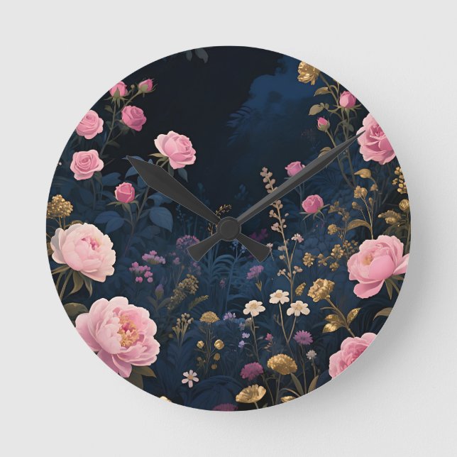 Rosa Peony Midnattsblomning Trädgård Rund Klocka (Framsida)