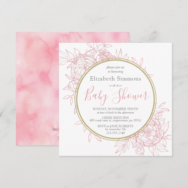  Rosa Peony Modern Blommigt Toile Baby Shower Inbjudningar (Fram/baksida)
