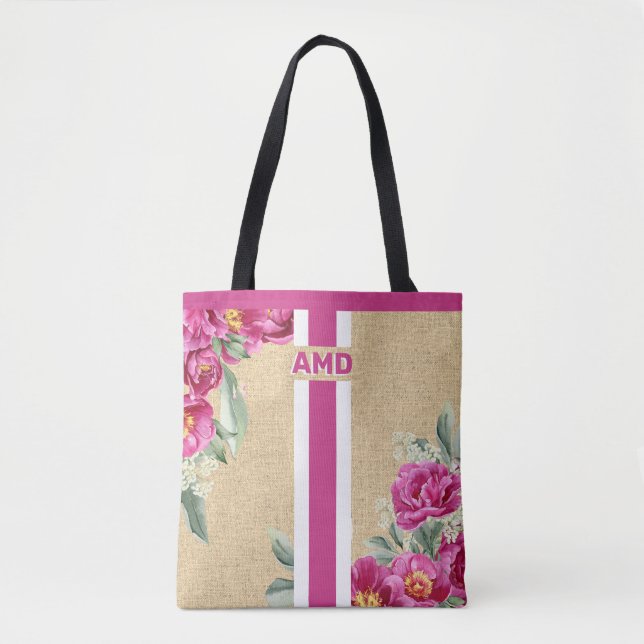Rosa Peony Monogram Faux Burlap Jute Tygkasse (Framsida)
