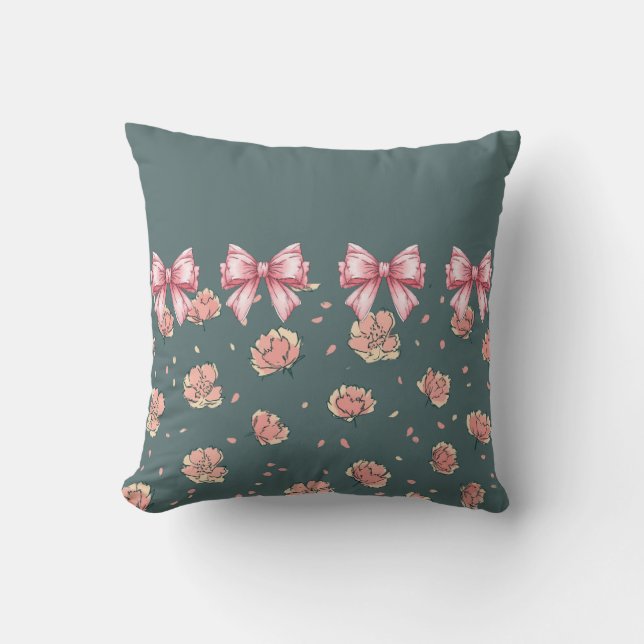 Rosa Peony Mönster och Bow Kudde (Framsida)