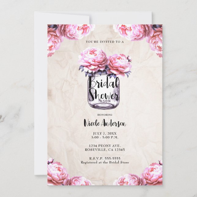 Rosa Peony Murkelburk Rustik Bröllopsdusch  Inbjudningar (Framsida)