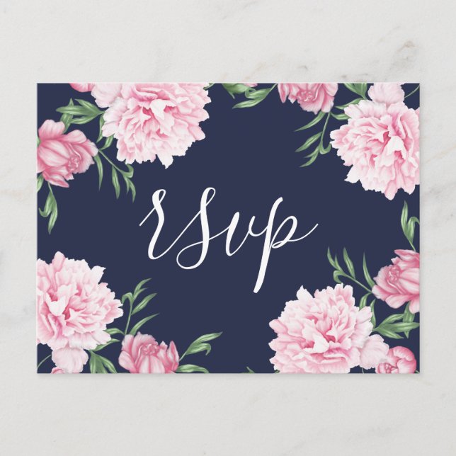 Rosa Peony & Navy Background | OSA Inbjudan Vykort (Framsida)
