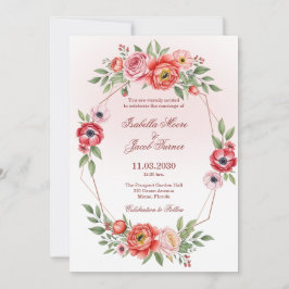 Rosa Peony och Anemone Blommig Geometrisk Bröllop Inbjudningar