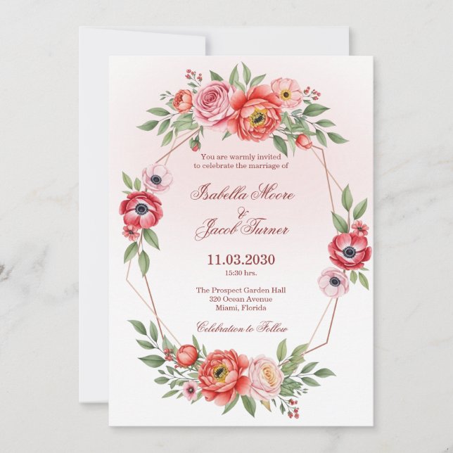 Rosa Peony och Anemone Blommig Geometrisk Bröllop Inbjudningar (Framsida)