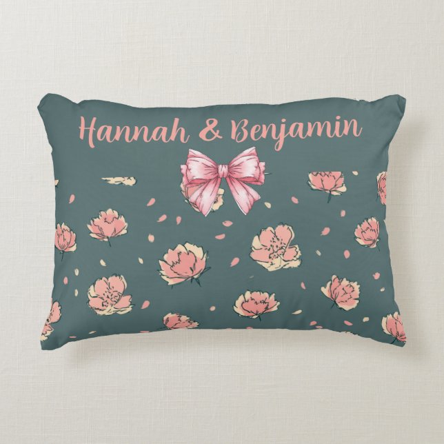 Rosa Peony och Bow Mönster Prydnadskudde (Framsidan)