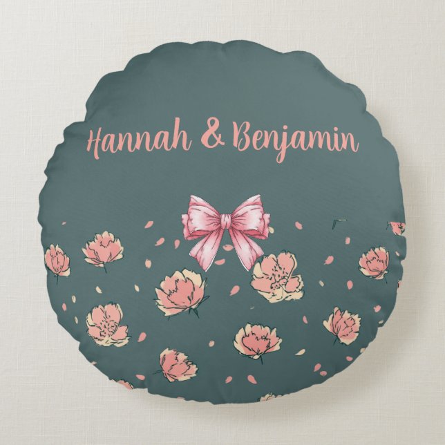 Rosa Peony och Bow Mönster Rund Kudde (Framsidan)