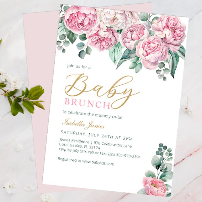 Rosa Peony och Eucalyptus Guld Baby Shower Investi Inbjudningar (Floral Baby Shower Invite)